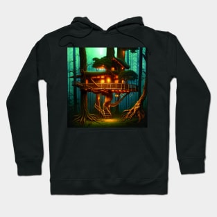 Magical Cottage Tree House with Lights in Forest with High Trees, Scenery Nature Hoodie